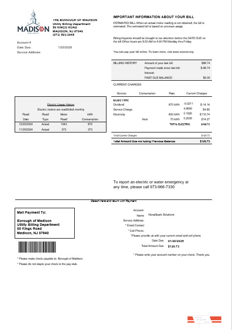 USA New Jersey The Borough of Madison business utility bill template in Word and PDF formats